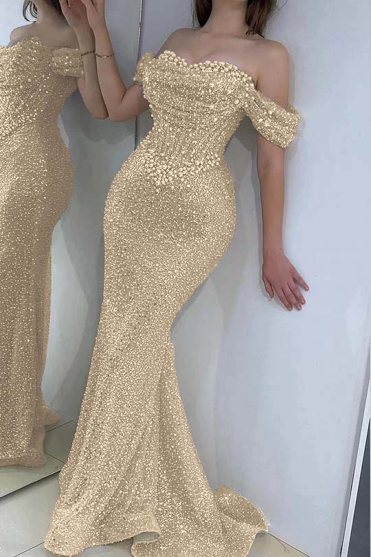 Off the Shoulder Strapless Sleeveless Long Prom Dress With Sequins BMBRIDE