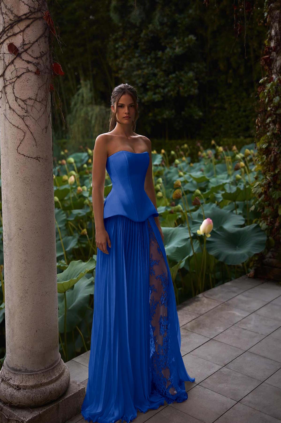 Strapless Sleeveless Long Prom Dress With Pleated Split Appliques BMBRIDE