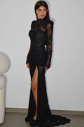 High Neck Long Sleeves Mermaid Split Long Prom Dress With Lace