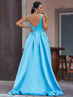 Ocean Blue V-Neck Sleeveless Prom Dress BM bride