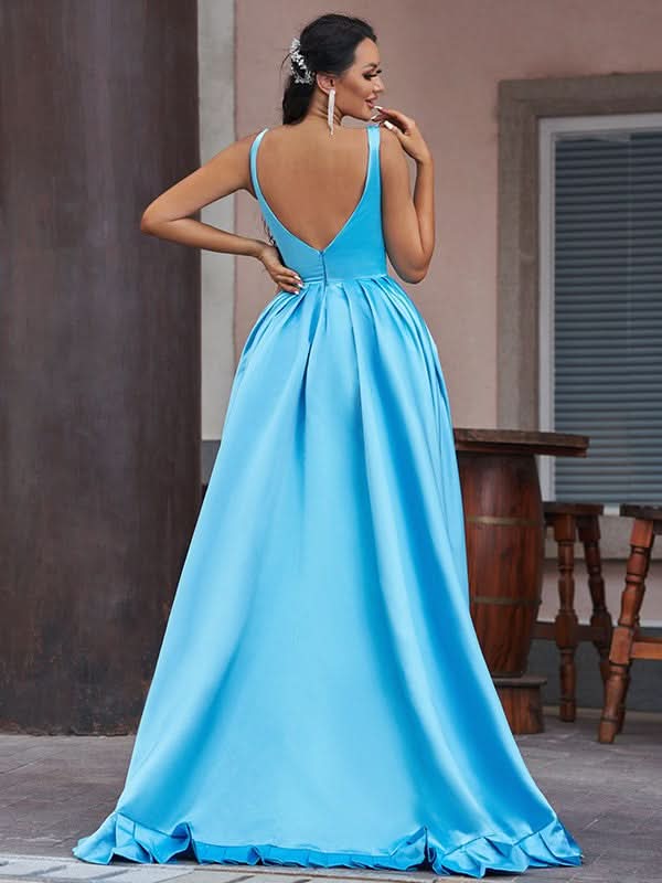 Ocean Blue V-Neck Sleeveless Prom Dress BM bride