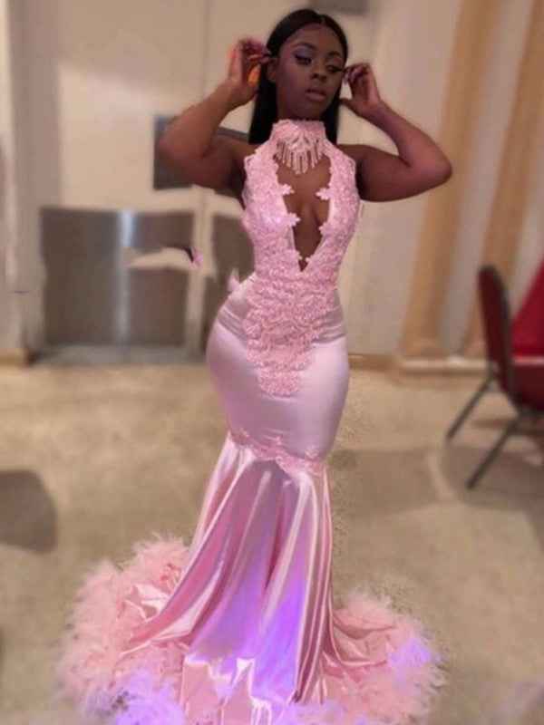 Chic Applique Blushing Pink Mermaid Floor Length Prom Dress