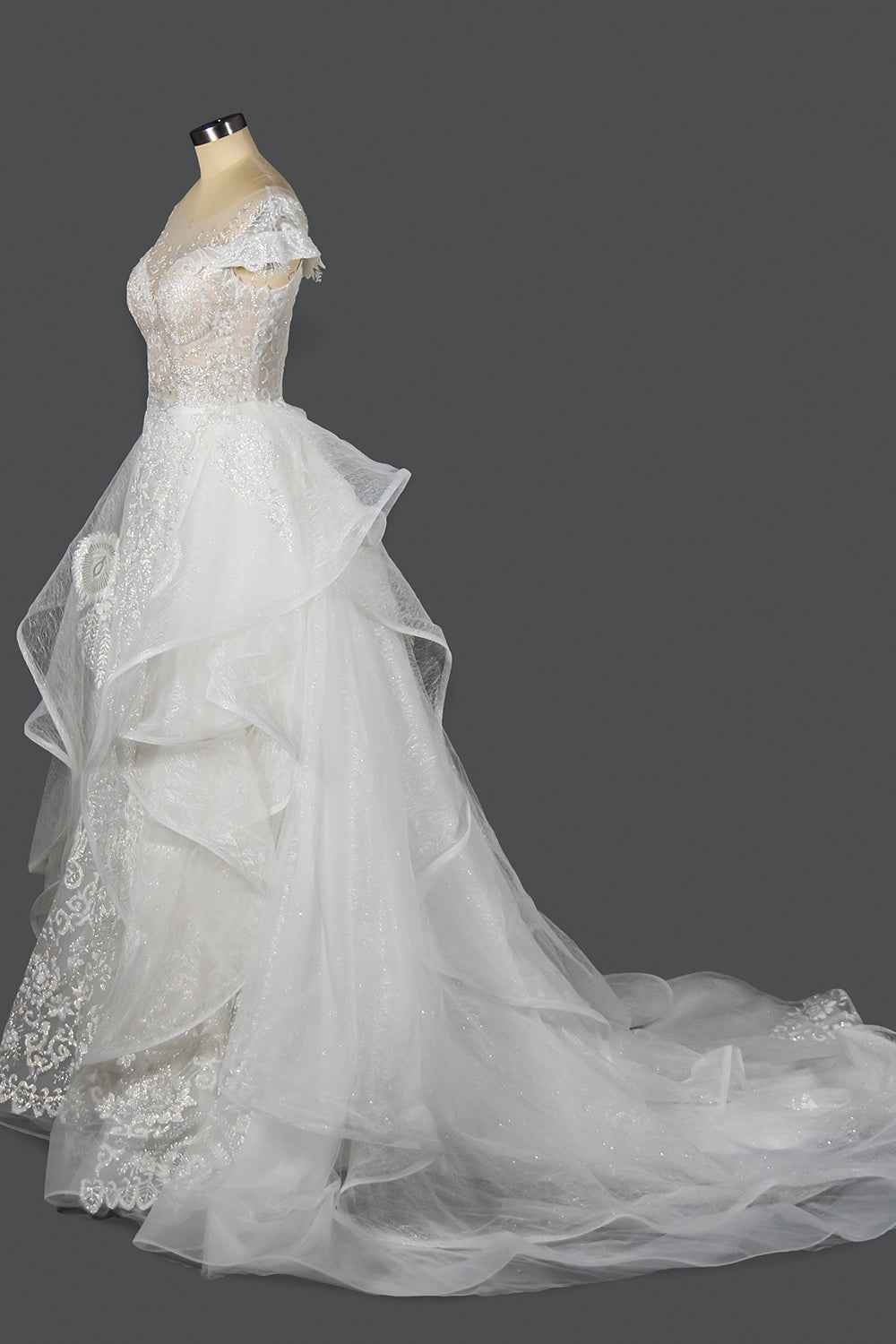 Sequined Short Sleeve Appliqued Ball Gown Wedding Dress with Tulle Ruffles BM bride