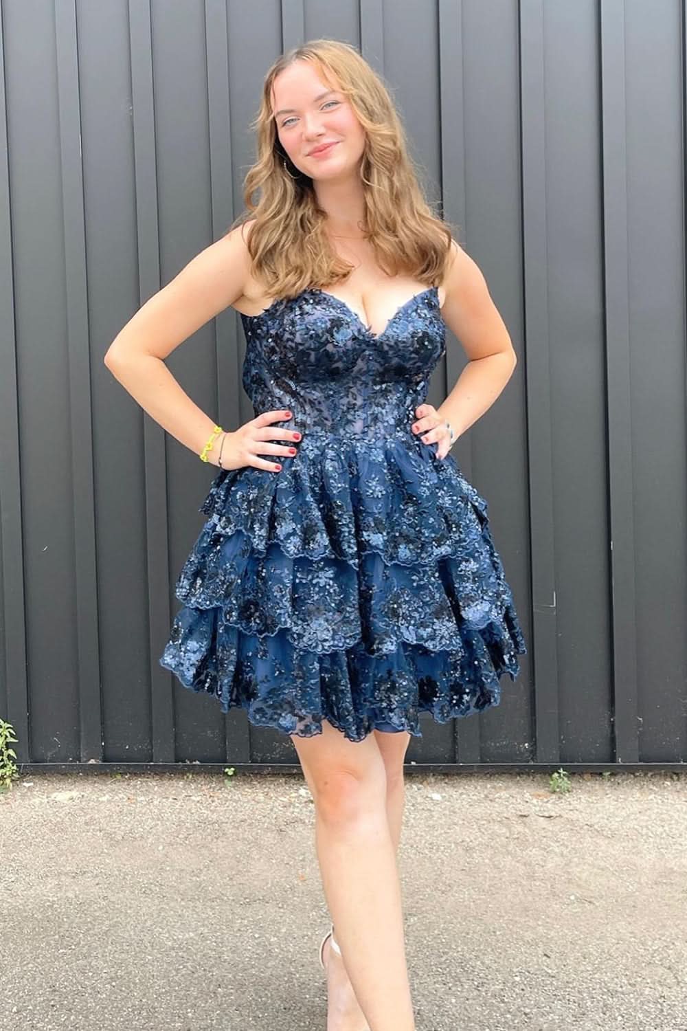 Sparkly Blue Corset Top Spaghetti Straps A-Line Lace Short Homecoming Dress