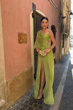 Tulle One Shoulder Long Sleeve Long Prom Dress With Front Split