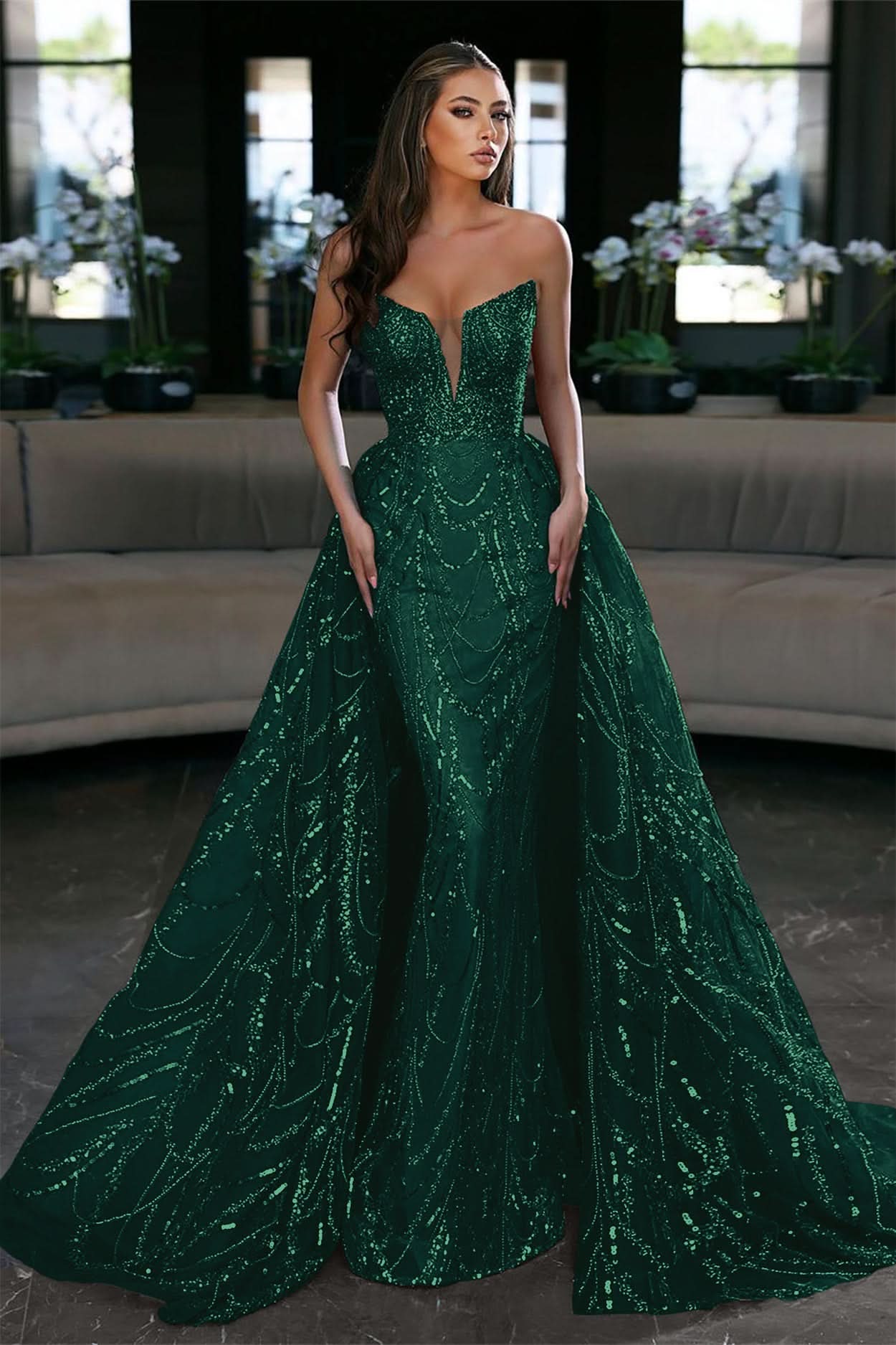 Glamorous Royal Blue Sleeveless Strapless Long Evening Dress Prom Dress with Sequins BM bride