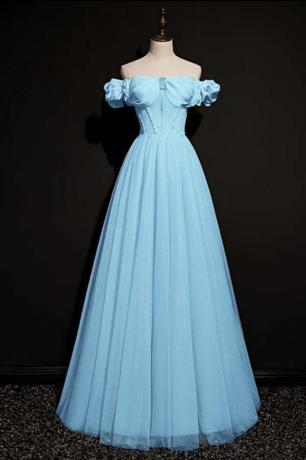 Off the Shoulder Strapless Sleeveless Long Prom Dress With Tulle BMBRIDE