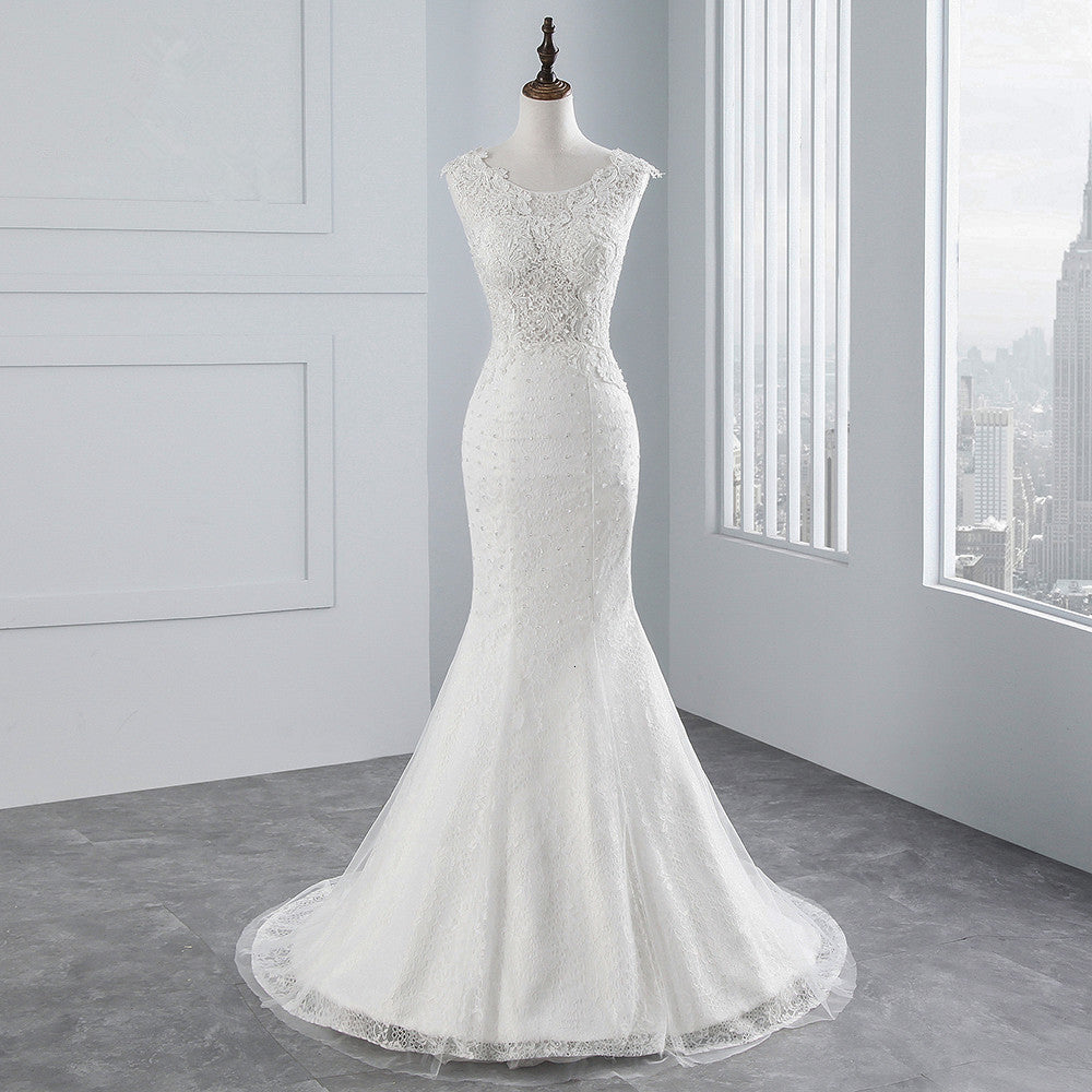 Jewel Neck Sleeveless Long Mermaid Wedding Dress with Tulle Lace Appliques BM bride