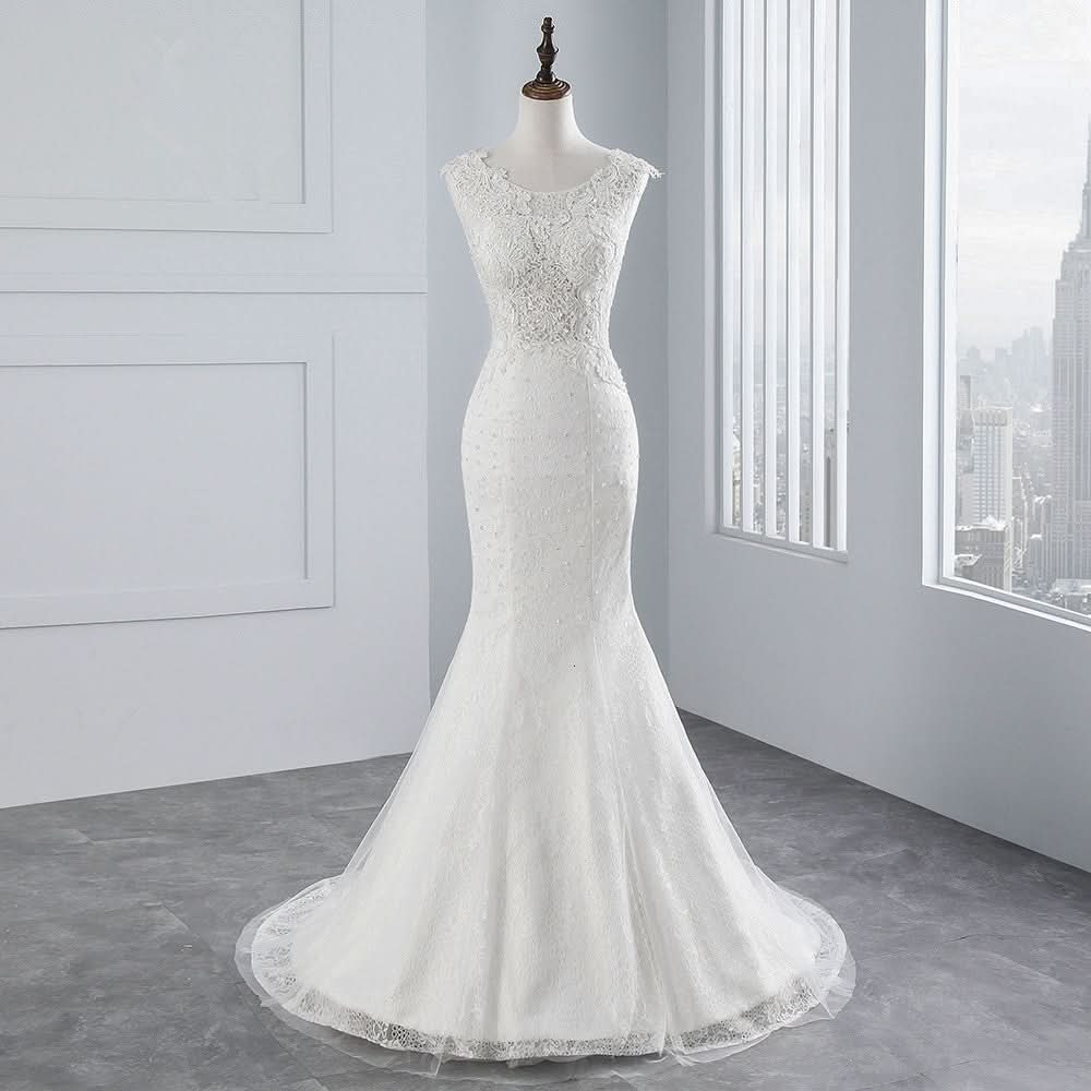 Jewel Neck Sleeveless Long Mermaid Wedding Dress with Tulle Lace Appliques BM bride