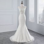 Jewel Neck Sleeveless Long Mermaid Wedding Dress with Tulle Lace Appliques BM bride