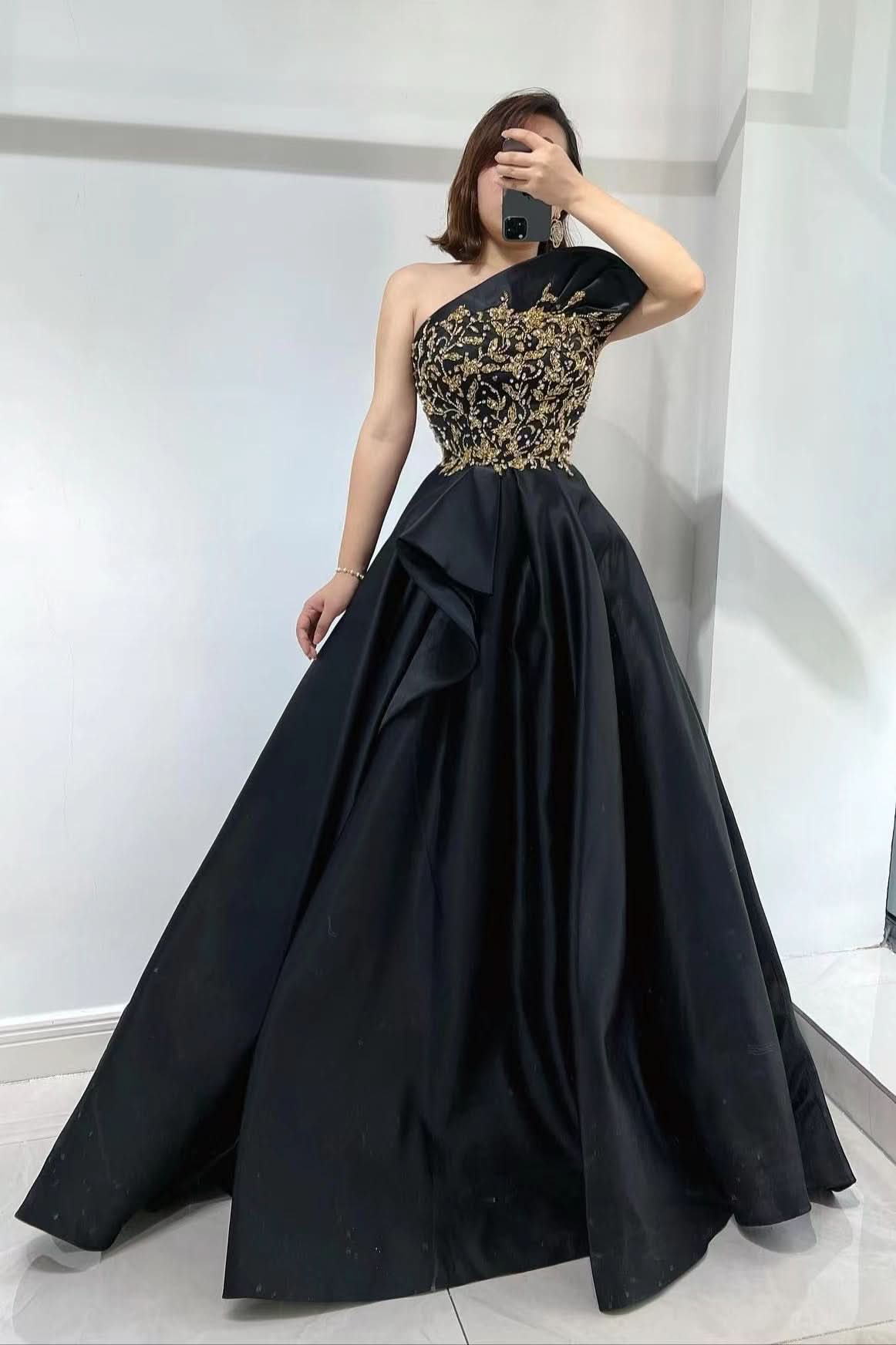 Gorgeous Black One Shoulder Strapless Evening Dress with Beadings and Slit BM bride