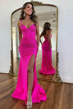 Sparkly Fuchsia Spaghetti Straps Prom Dress with Lace-Up Beaded Detail and Slit BM bride