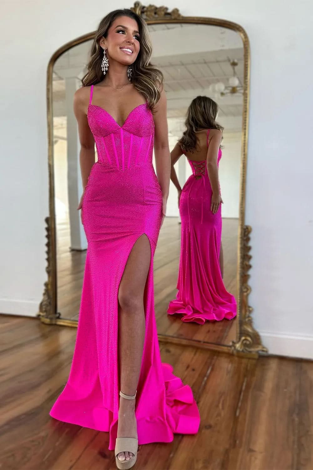 Sparkly Fuchsia Spaghetti Straps Prom Dress with Lace-Up Beaded Detail and Slit BM bride