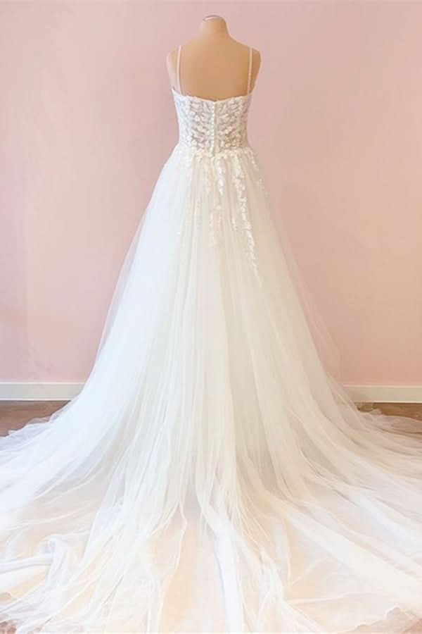 Pretty A-Line Spaghetti Strap Sweetheart Tulle Wedding Dress with Lace Appliques BM bride