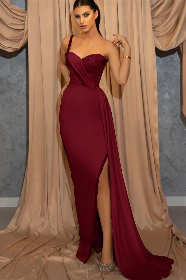 Sky Blue One-Shoulder Spaghetti-Strap Sweetheart Mermaid Evening Dress with Sequins Split BM bride