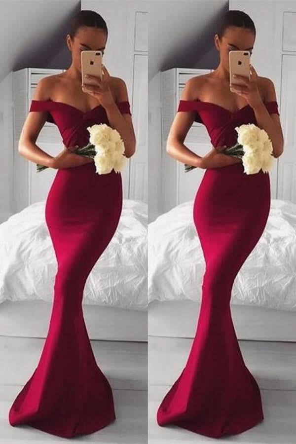 Off-the-Shoulder Burgundy Mermaid Prom Dress BM bride