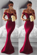 Chic Mermaid Off the Shoulder Strapless Sleeveless Long Burgundy Prom Dress