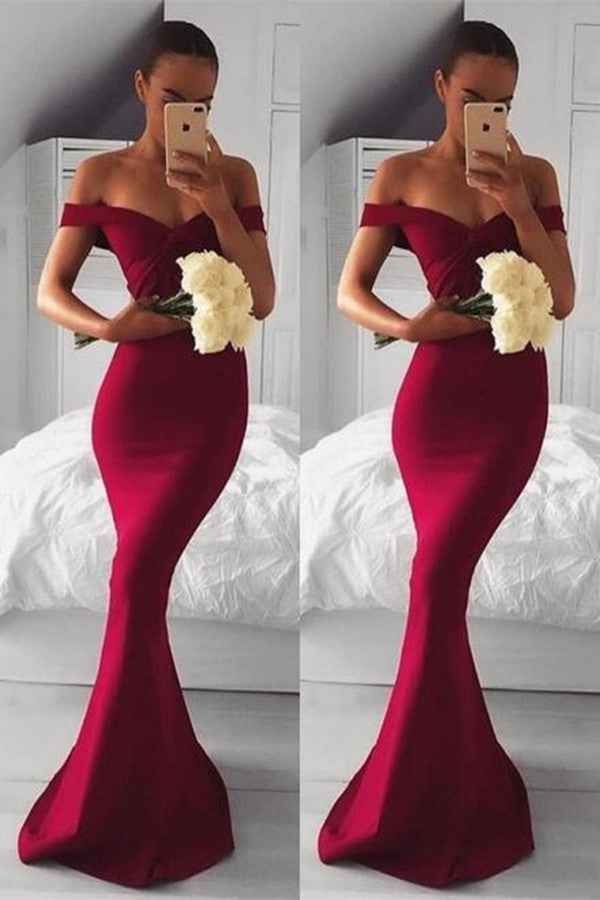 Chic Mermaid Off the Shoulder Strapless Sleeveless Long Burgundy Prom Dress