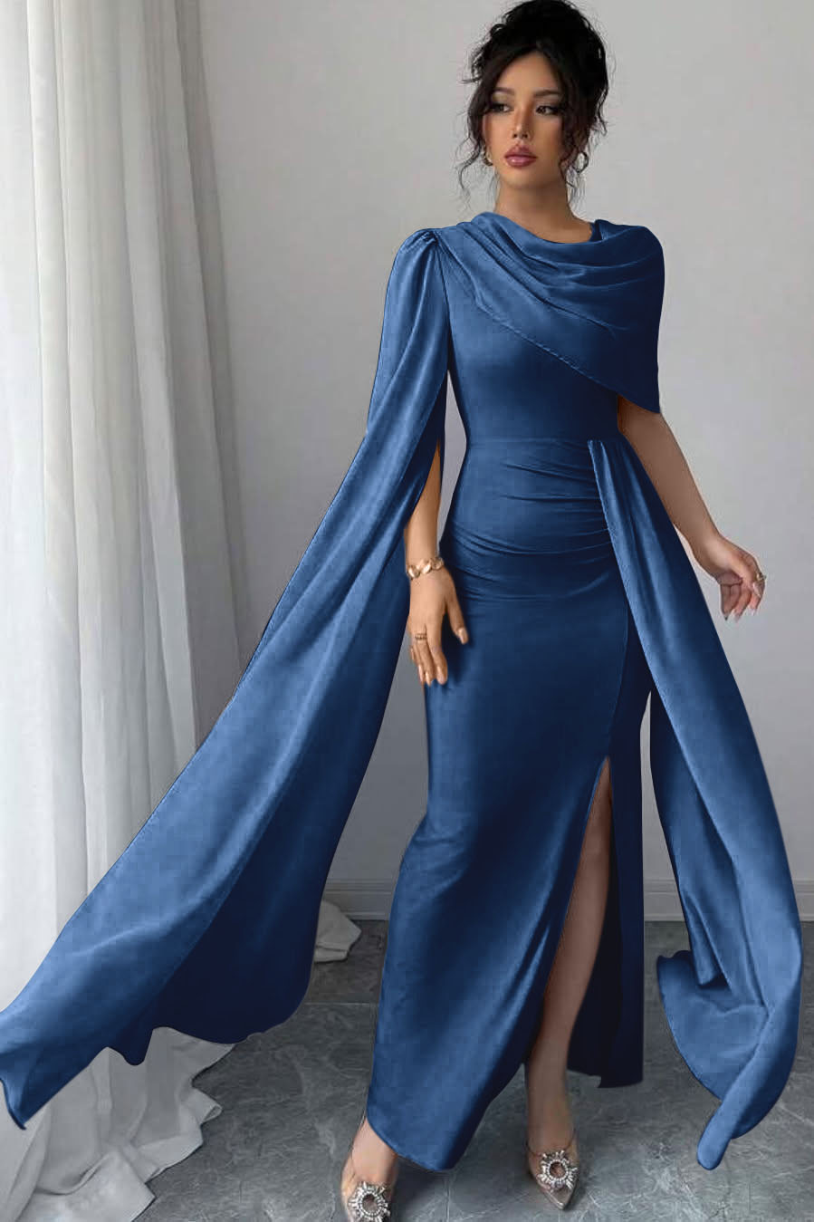 Sleeveless Jewel Neck Long Mermaid Prom Dress With Split Pleated