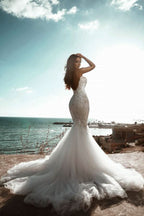 Sweetheart Backless Tulle Long Mermaid Wedding Dress with Lace Appliques BM bride