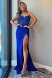 Glamorous Royal Blue Strapless Beaded Long Prom Dress with Slit BM bride