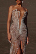 Heavy Sexy Beads Prom Dress V Neck Sleeveless With Front Split