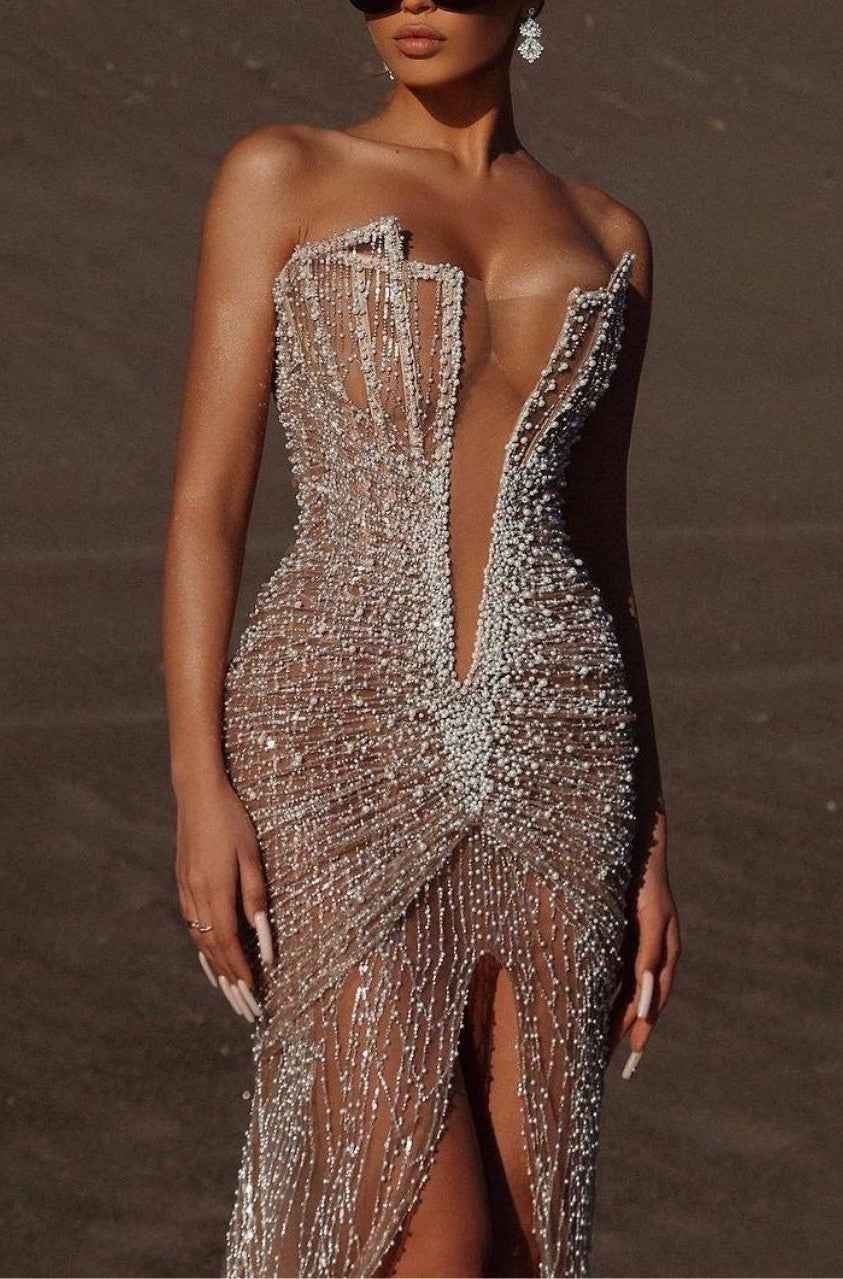 Heavy Sexy Beads Prom Dress V Neck Sleeveless With Front Split