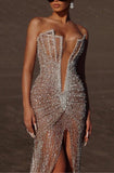 Heavy Sexy Beads V Neck Sleeveless Prom Dress with Front Slit BM bride