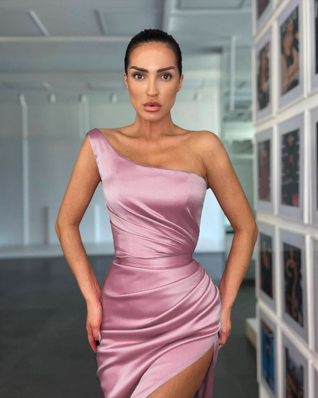 Elegant Rose One Shoulder Evening Dress with Sleeveless and Slit BM bride