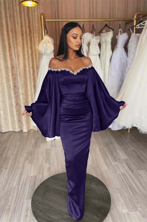 Off the Shoulder Long Sleeves Pleated Long Prom Dress With Beading BMBRIDE