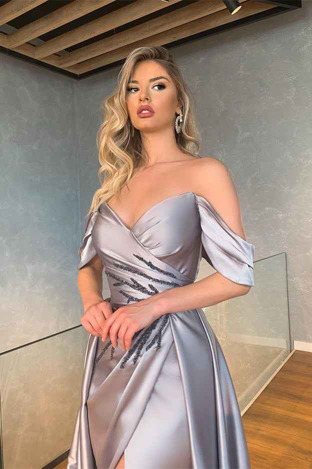 Mermaid Silver Off the Shoulder Strapless Long Prom Dress With Front Split