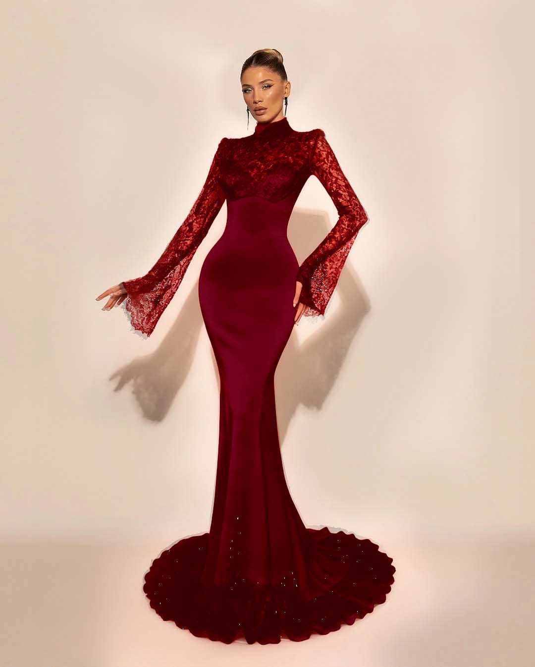 High Neck Lace Long Sleeves Long Mermaid Prom Dress With Pleated BMBRIDE
