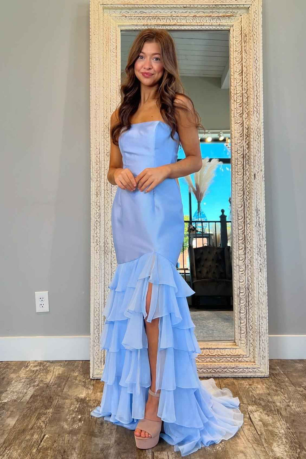 Strapless Sleeveless Mermaid Split Long Prom Dress With Ruffles