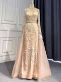 Elegant V-Neck Long Sleeve Sequin Appliqued A-Line Prom Dress BM bride