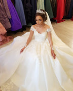Off-the-shoulder A-Line Wedding Dress With Long Sleeves Appliques BM bride