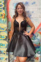Glitter Black A-Line Satin Short Homecoming Dress with Appliques