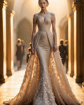 Charming Champagne Flower Strapless Mermaid Long Prom Dress
