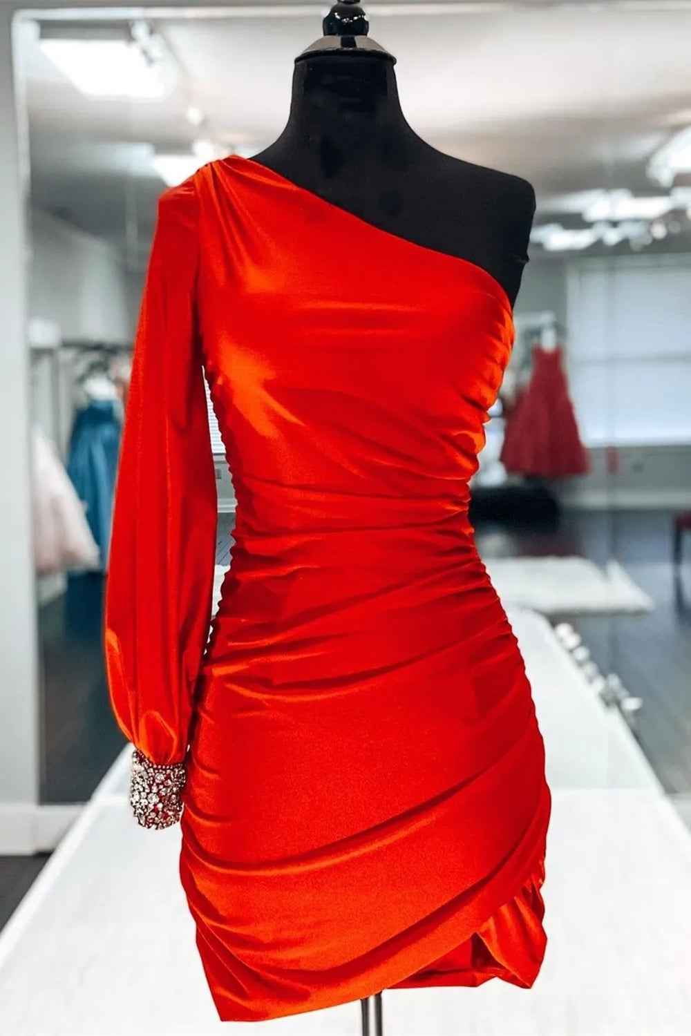 Tight Fuchsia Ruched Homecoming Dress with Sleeves
