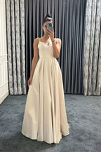 Spaghetti-Strap Sleeveless Long V-Neck Evening Dress with Beads BM bride