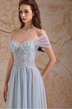 Tulle Off the Shoulder Sleeveless Long Prom Dress With Appliques