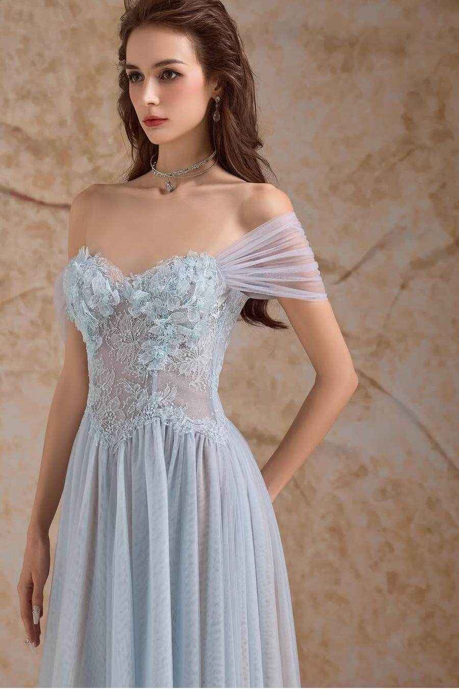 Tulle Off the Shoulder Sleeveless Long Prom Dress With Appliques