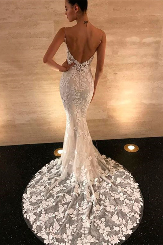 Spaghetti Strap Backless Long Mermaid Wedding Dress with Lace Appliques BM bride
