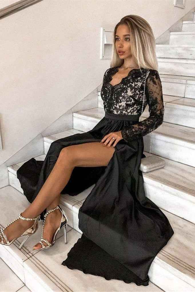 Black Long Sleeves High Waist Side Split Long Prom Dress With Appliques