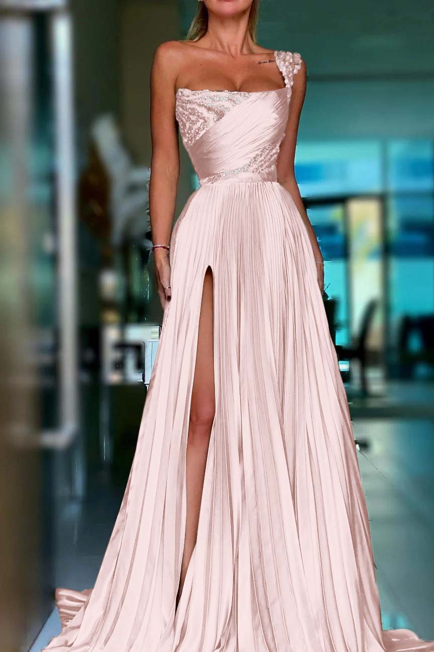One Shoulder Sleeveless Long Prom Dress With High Split Sequins BMBRIDE