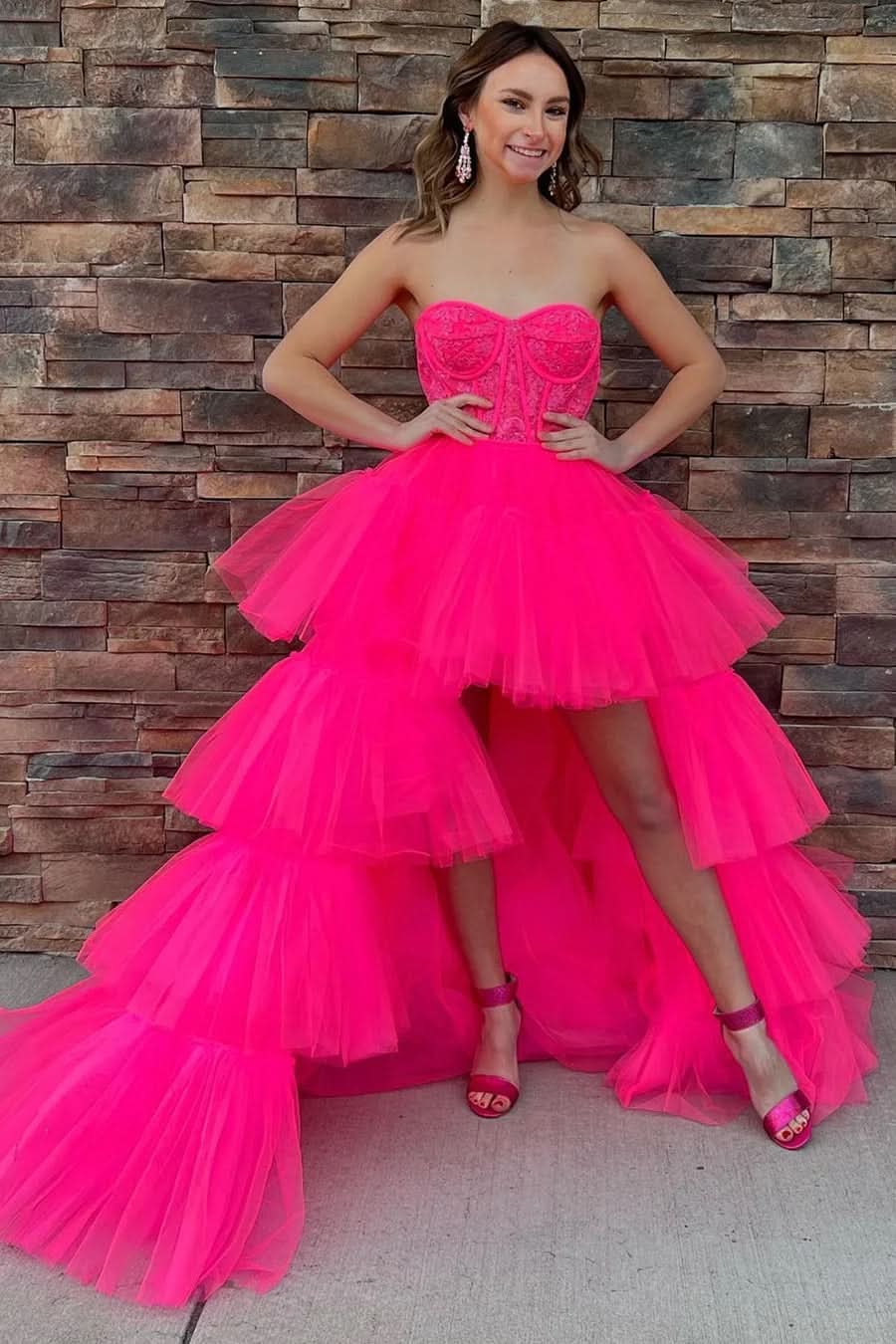 Charming A-Line Asymmetrical Strapless Tiered Tulle Prom Dress BM bride