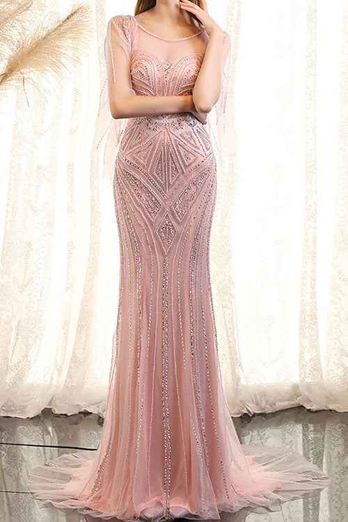 Pink Sequins Mermaid Ruffles Sleeves Prom Dress With Scoop Beadings