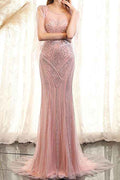 Pink Sequins Mermaid Ruffles Sleeves Prom Dress With Scoop Beadings