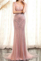 Pink Sequins Mermaid Ruffles Sleeves Prom Dress With Scoop Beadings