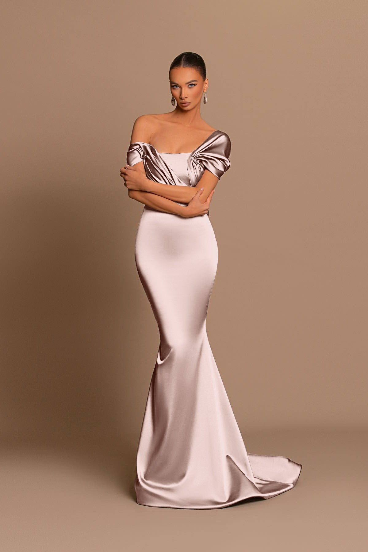 Glamorous Gray Off the Shoulder Mermaid Prom Dress With Pleated BMBRIDE