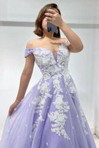 Amazing Lilac Sweetheart Off-The-Shoulder Tulle Evening Dress with Appliques BM bride